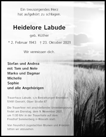 Anzeige von Heidelore Labude von Kölner Stadt-Anzeiger / Kölnische Rundschau / Express