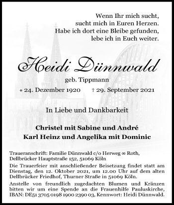 Anzeige von Heidi Dünnwald von Kölner Stadt-Anzeiger / Kölnische Rundschau / Express