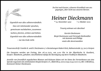 Anzeige von Heiner Dieckmann von Kölner Stadt-Anzeiger / Kölnische Rundschau / Express