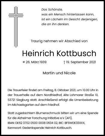 Anzeige von Heinrich Kottbusch von Kölner Stadt-Anzeiger / Kölnische Rundschau / Express