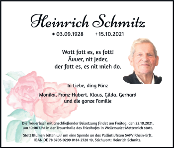 Anzeige von Heinrich Schmitz von Kölner Stadt-Anzeiger / Kölnische Rundschau / Express