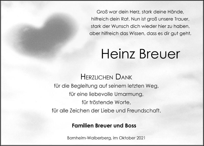  Traueranzeige für Heinz Breuer vom 15.10.2021 aus  Schlossbote/Werbekurier 