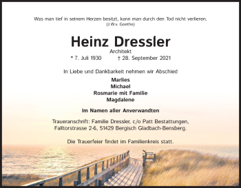 Anzeige von Heinz Dressler von Kölner Stadt-Anzeiger / Kölnische Rundschau / Express