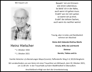 Anzeige von Heinz Hielscher von Kölner Stadt-Anzeiger / Kölnische Rundschau / Express