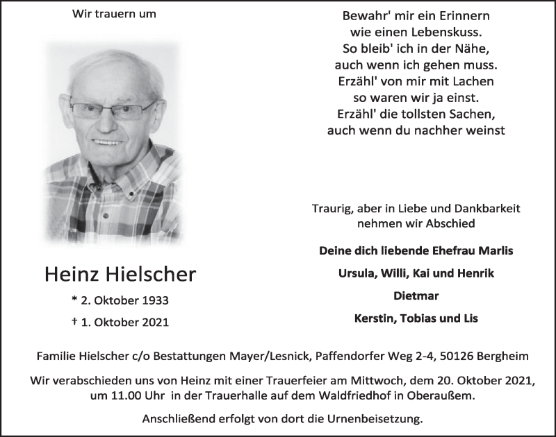  Traueranzeige für Heinz Hielscher vom 15.10.2021 aus  Werbepost 