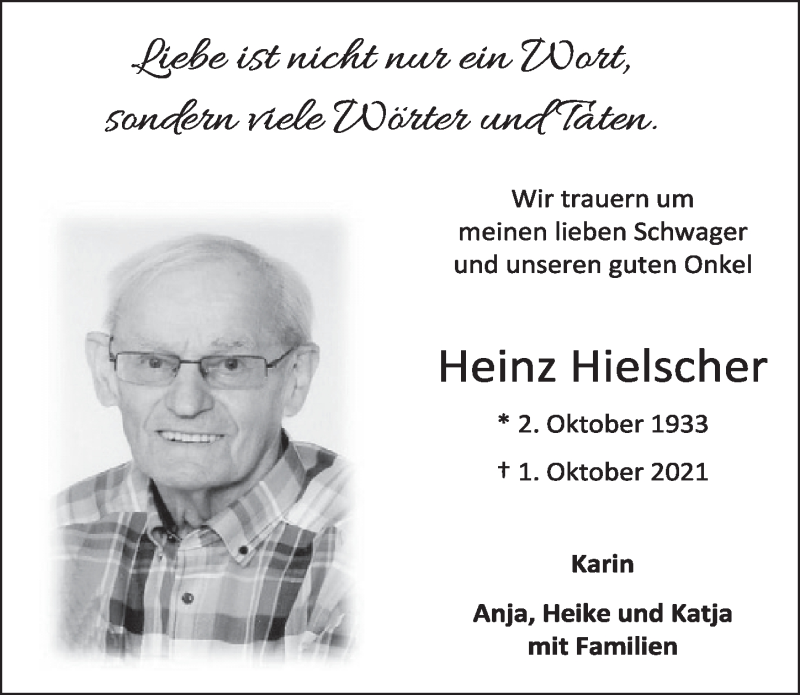  Traueranzeige für Heinz Hielscher vom 15.10.2021 aus  Werbepost 