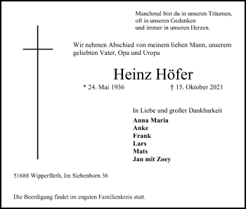 Anzeige von Heinz Höfer von Kölner Stadt-Anzeiger / Kölnische Rundschau / Express