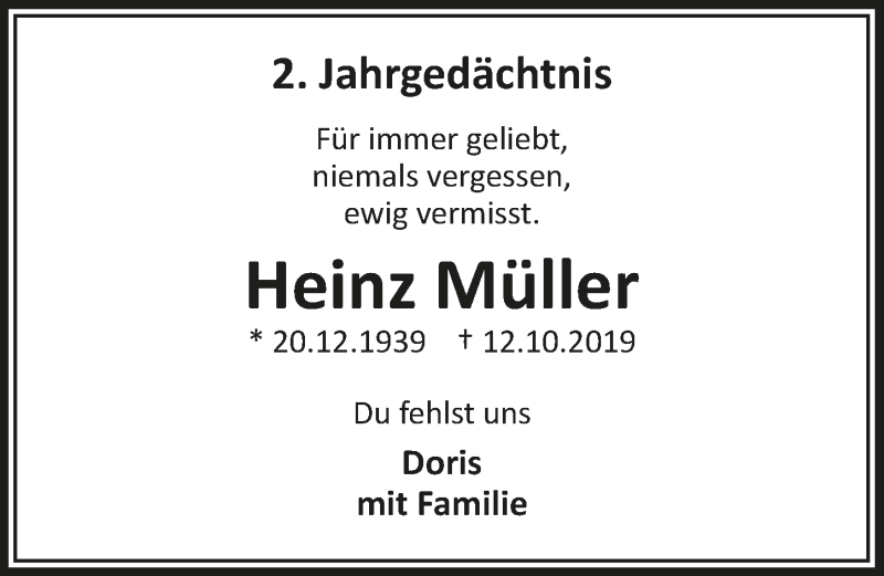  Traueranzeige für Heinz Müller vom 08.10.2021 aus  Schlossbote/Werbekurier 