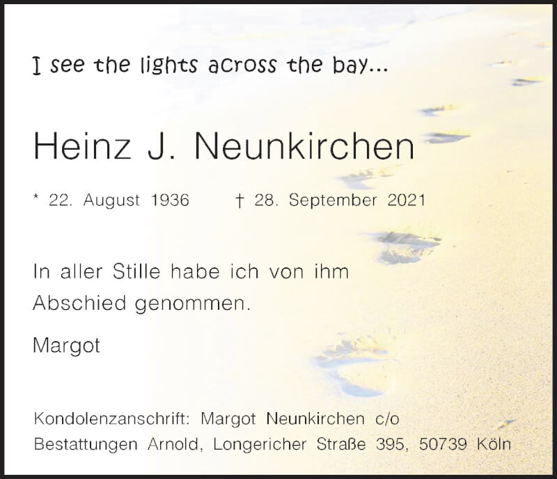  Traueranzeige für Heinz J. Neunkirchen vom 16.10.2021 aus Kölner Stadt-Anzeiger / Kölnische Rundschau / Express