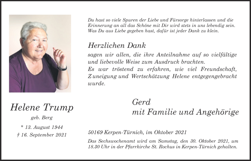  Traueranzeige für Helene Trump vom 22.10.2021 aus  Werbepost 