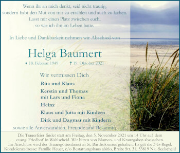Anzeige von Helga Baumert von Kölner Stadt-Anzeiger / Kölnische Rundschau / Express