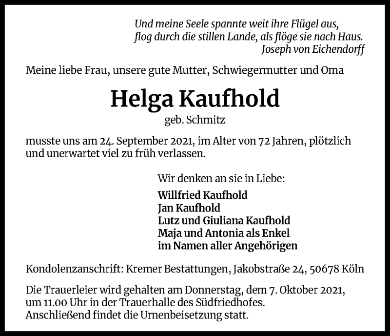  Traueranzeige für Helga Kaufhold vom 02.10.2021 aus Kölner Stadt-Anzeiger / Kölnische Rundschau / Express