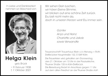 Anzeige von Helga Klein von Kölner Stadt-Anzeiger / Kölnische Rundschau / Express