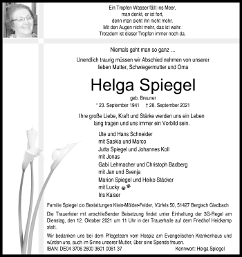 Anzeige von Helga Spiegel von Kölner Stadt-Anzeiger / Kölnische Rundschau / Express