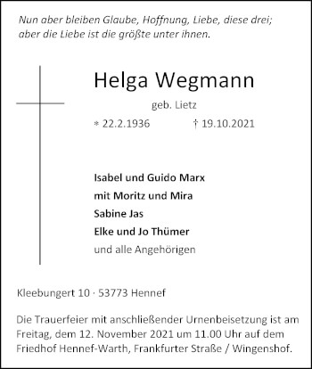 Anzeige von Helga Wegmann von Kölner Stadt-Anzeiger / Kölnische Rundschau / Express