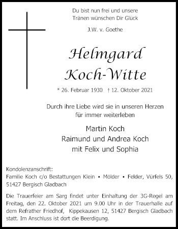 Anzeige von Helmgard Koch-Witte von Kölner Stadt-Anzeiger / Kölnische Rundschau / Express