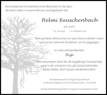 Anzeige von Helmi Reuschenbach von Kölner Stadt-Anzeiger / Kölnische Rundschau / Express