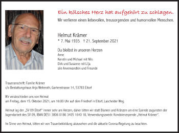 Anzeige von Helmut Krämer von Kölner Stadt-Anzeiger / Kölnische Rundschau / Express
