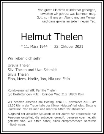 Anzeige von Helmut Thelen von Kölner Stadt-Anzeiger / Kölnische Rundschau / Express