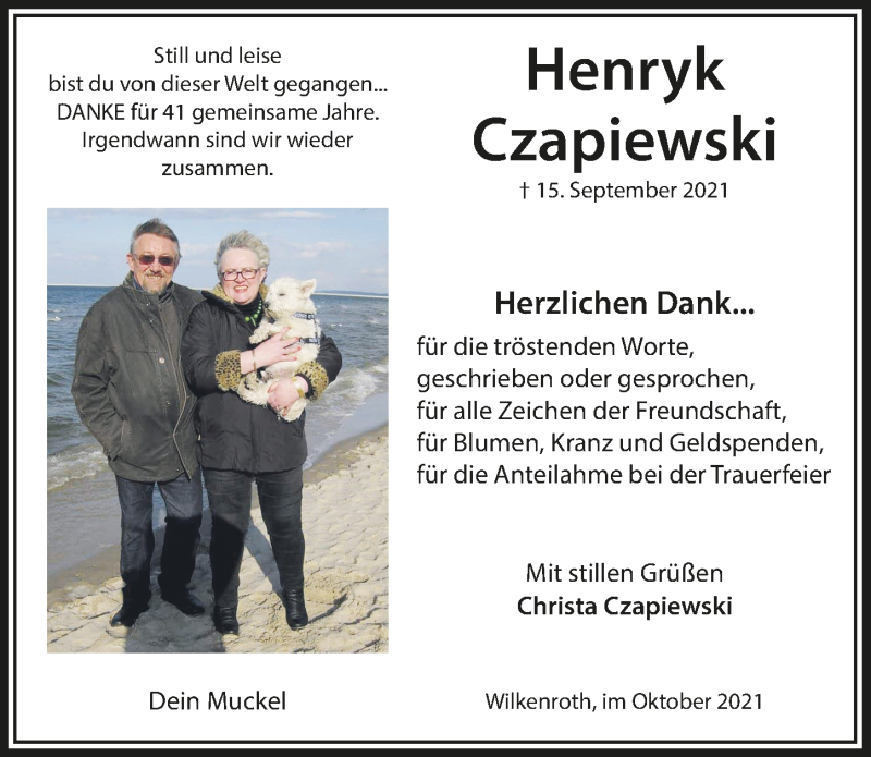  Traueranzeige für Henryk Czapiewski vom 22.10.2021 aus  Lokalanzeiger 