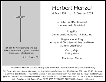 Anzeige von Herbert Henzel von Kölner Stadt-Anzeiger / Kölnische Rundschau / Express