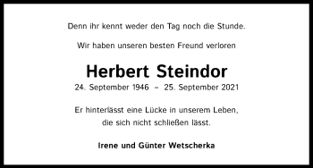 Anzeige von Herbert Steindor von Kölner Stadt-Anzeiger / Kölnische Rundschau / Express