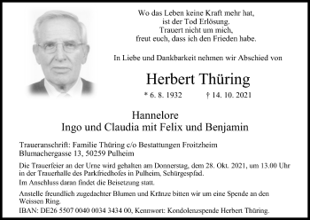 Anzeige von Herbert Thüring von Kölner Stadt-Anzeiger / Kölnische Rundschau / Express