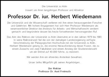 Anzeige von Herbert Wiedemann von Kölner Stadt-Anzeiger / Kölnische Rundschau / Express