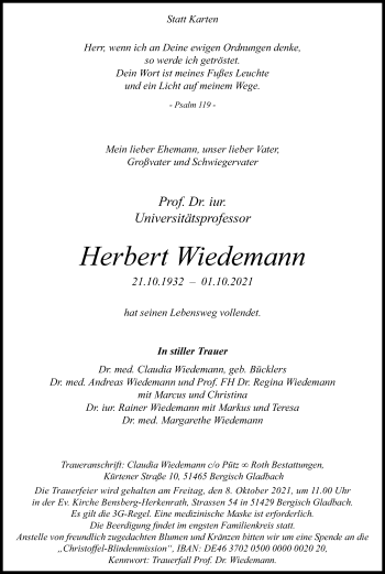 Anzeige von Herbert Wiedemann von Kölner Stadt-Anzeiger / Kölnische Rundschau / Express