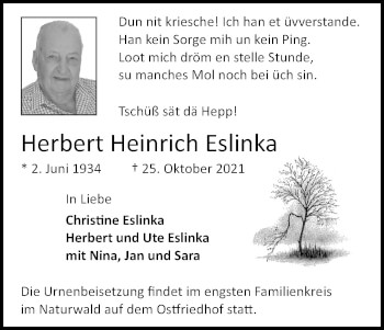 Anzeige von Herbert Heinrich Eslinka von Kölner Stadt-Anzeiger / Kölnische Rundschau / Express
