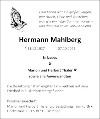Anzeige von Hermann Mahlberg von  Blickpunkt Euskirchen 