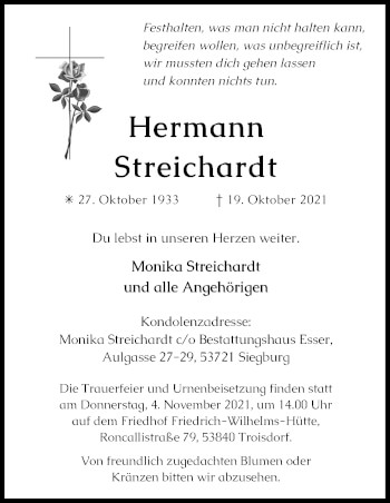 Anzeige von Hermann Streichardt von Kölner Stadt-Anzeiger / Kölnische Rundschau / Express