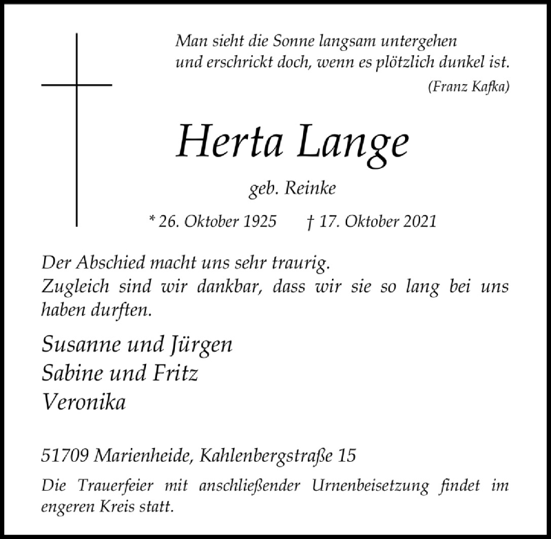  Traueranzeige für Herta Lange vom 29.10.2021 aus  Anzeigen Echo 