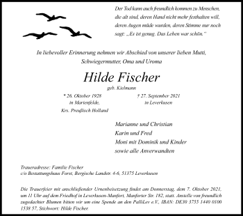 Anzeige von Hilde Fischer von Kölner Stadt-Anzeiger / Kölnische Rundschau / Express