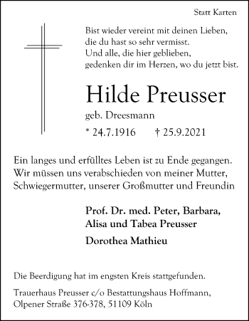 Anzeige von Hilde Preusser von Kölner Stadt-Anzeiger / Kölnische Rundschau / Express