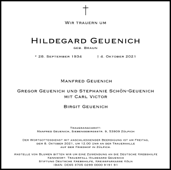 Anzeige von Hildegard Geuenich von Kölner Stadt-Anzeiger / Kölnische Rundschau / Express
