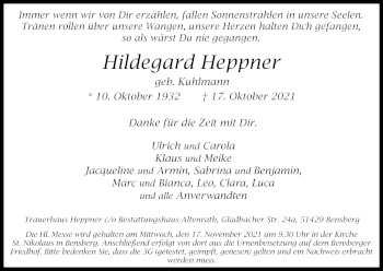 Anzeige von Hildegard Heppner von Kölner Stadt-Anzeiger / Kölnische Rundschau / Express