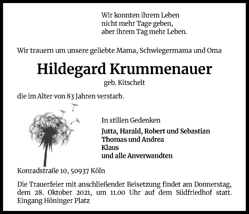  Traueranzeige für Hildegard Krummenauer vom 23.10.2021 aus Kölner Stadt-Anzeiger / Kölnische Rundschau / Express