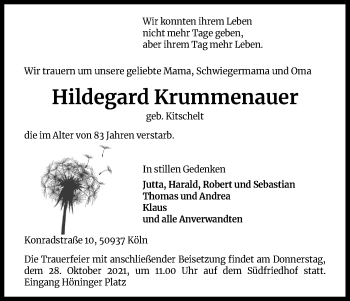 Anzeige von Hildegard Krummenauer von Kölner Stadt-Anzeiger / Kölnische Rundschau / Express