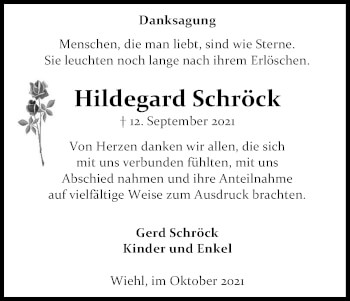 Anzeige von Hildegard Schröck von Kölner Stadt-Anzeiger / Kölnische Rundschau / Express