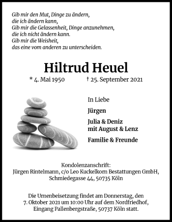 Anzeige von Hiltrud Heuel von Kölner Stadt-Anzeiger / Kölnische Rundschau / Express