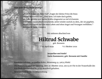 Anzeige von Hiltrud Schwabe von Kölner Stadt-Anzeiger / Kölnische Rundschau / Express
