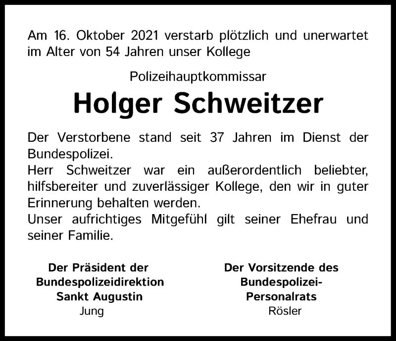  Traueranzeige für Holger Schweitzer vom 26.10.2021 aus Kölner Stadt-Anzeiger / Kölnische Rundschau / Express
