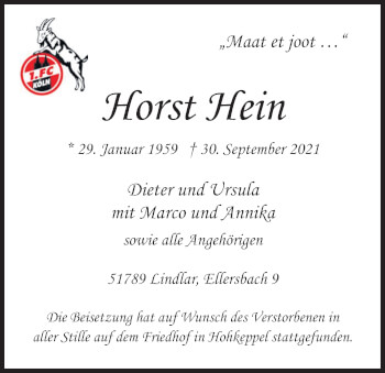 Anzeige von Horst Hein von Kölner Stadt-Anzeiger / Kölnische Rundschau / Express