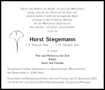 Anzeige von Horst Stegemann von Kölner Stadt-Anzeiger / Kölnische Rundschau / Express