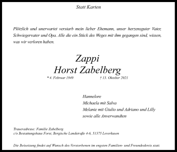 Anzeige von Horst Zabelberg von Kölner Stadt-Anzeiger / Kölnische Rundschau / Express