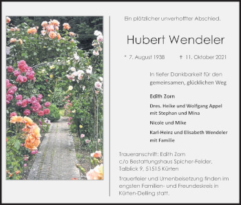 Anzeige von Hubert Wendeler von Kölner Stadt-Anzeiger / Kölnische Rundschau / Express