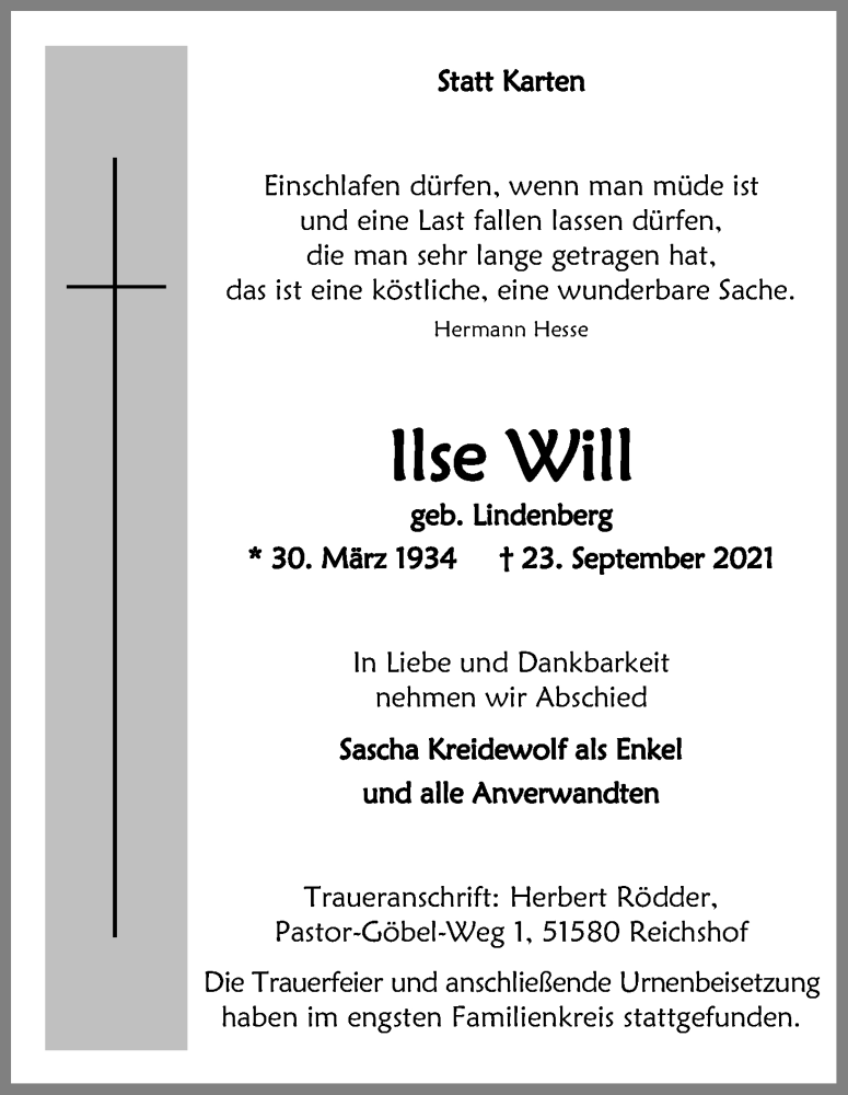  Traueranzeige für Ilse Will vom 09.10.2021 aus Kölner Stadt-Anzeiger / Kölnische Rundschau / Express