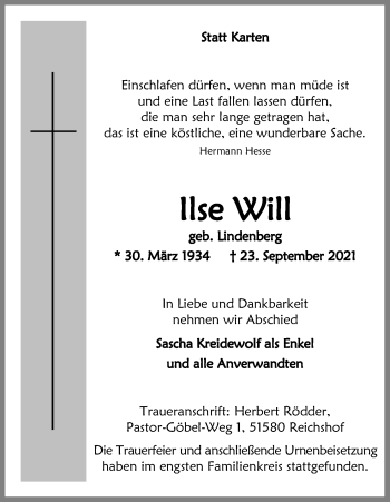 Anzeige von Ilse Will von Kölner Stadt-Anzeiger / Kölnische Rundschau / Express