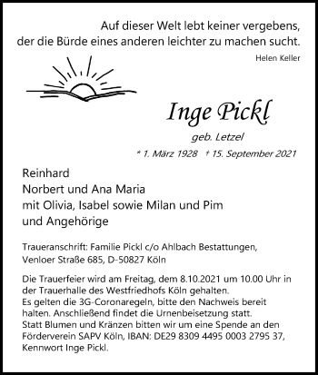 Anzeige von Inge Pickl von Kölner Stadt-Anzeiger / Kölnische Rundschau / Express